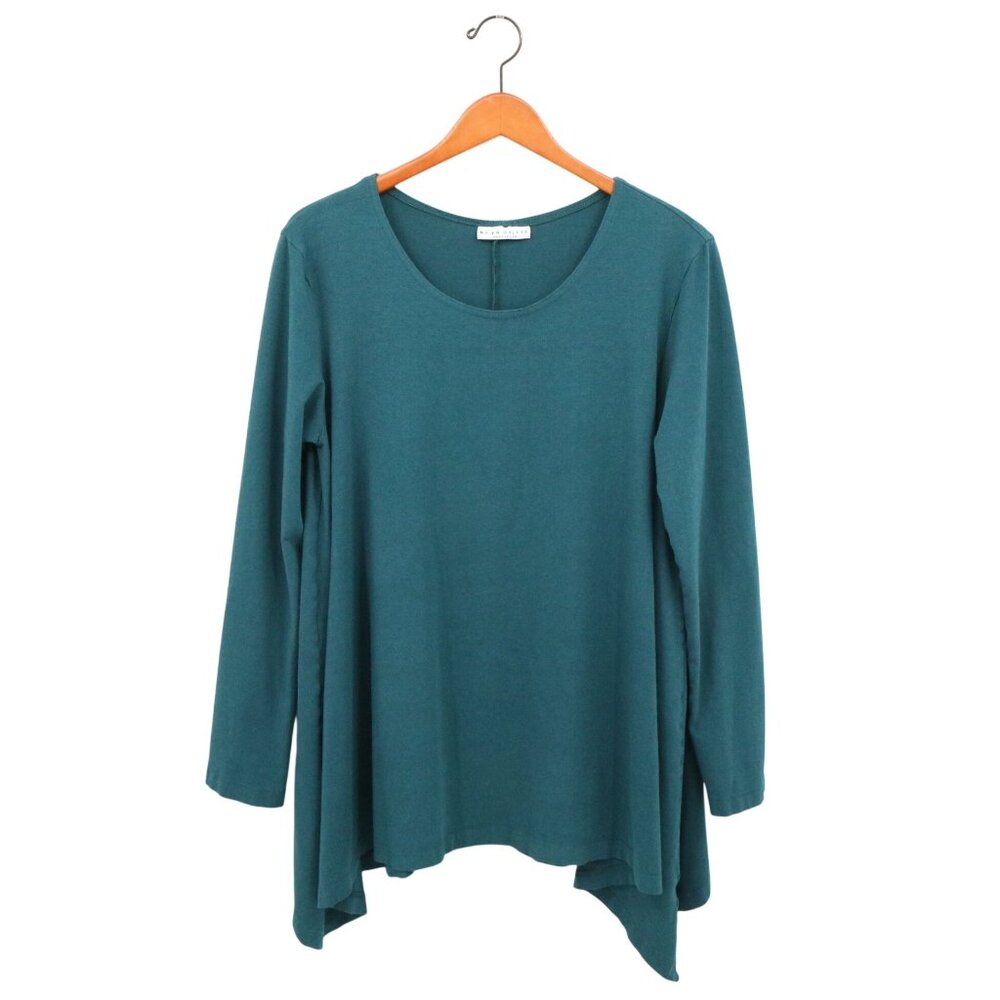 Bryn Walker Soft Bamboo Knit Teal Green Blue Asymmetrical Hem Tunic Top L